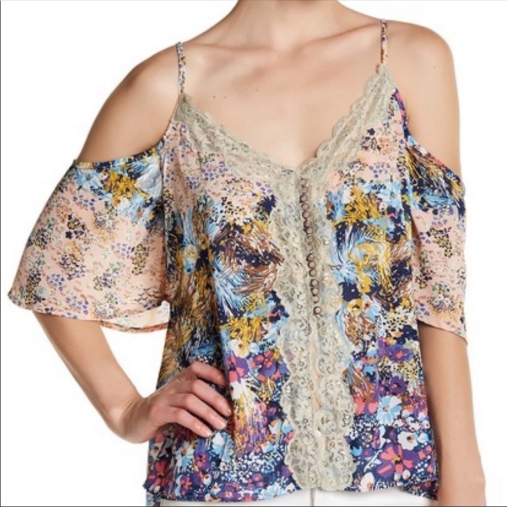 Aratta Midnight Garden Cold Shoulder Top Floral Lace Trim Blue‎ Pink Small NWT